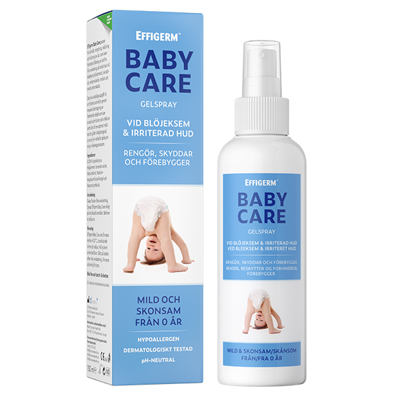 Förpackning och flaska Effigerm Baby Care spray, 150 ml