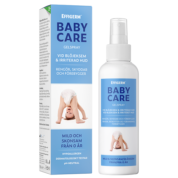 Förpackning och flaska Effigerm Baby Care spray, 150 ml